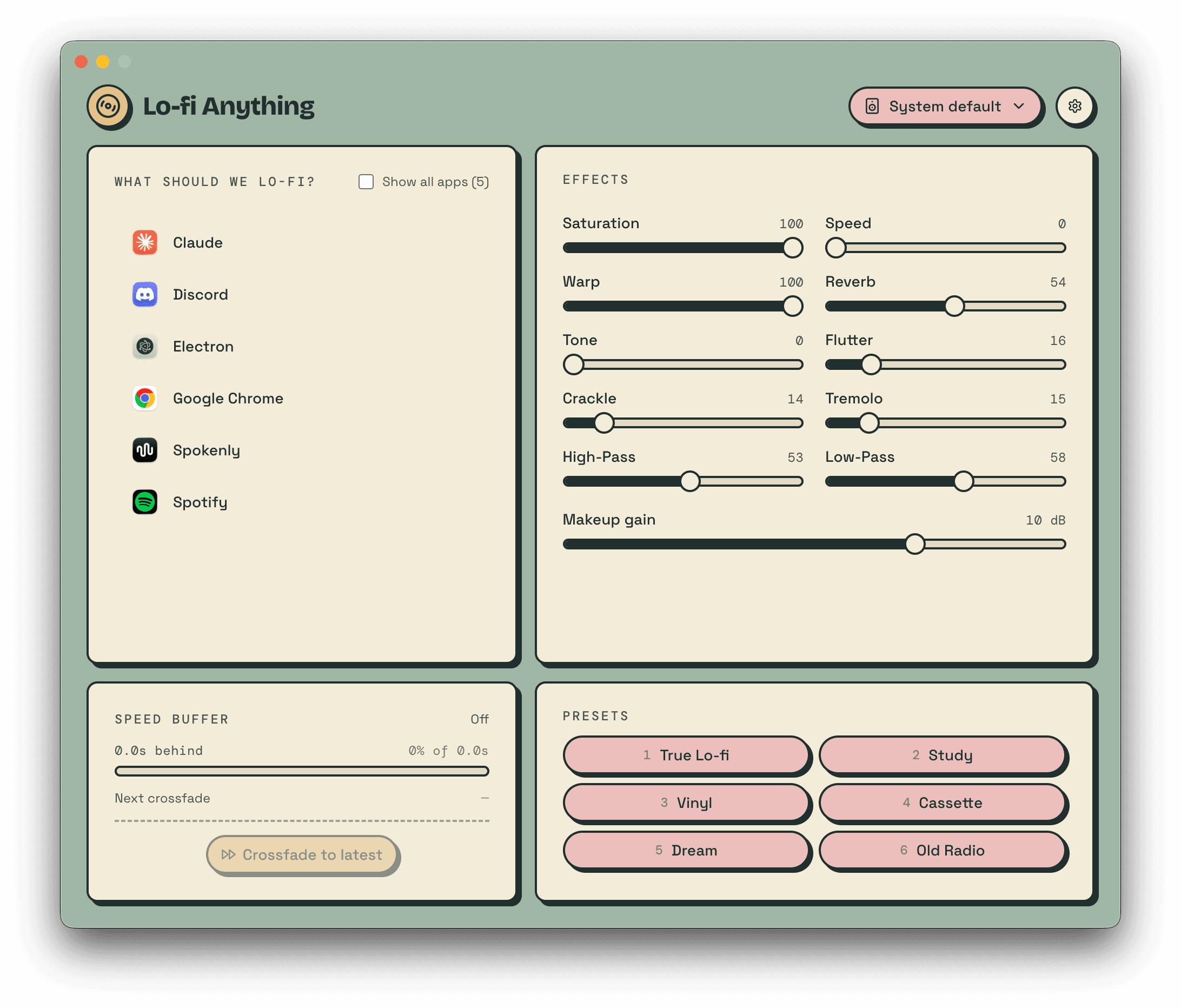 The Lo-fi Anything desktop app: pick an app, then dial in a chain of vintage lo-fi effects in real time.